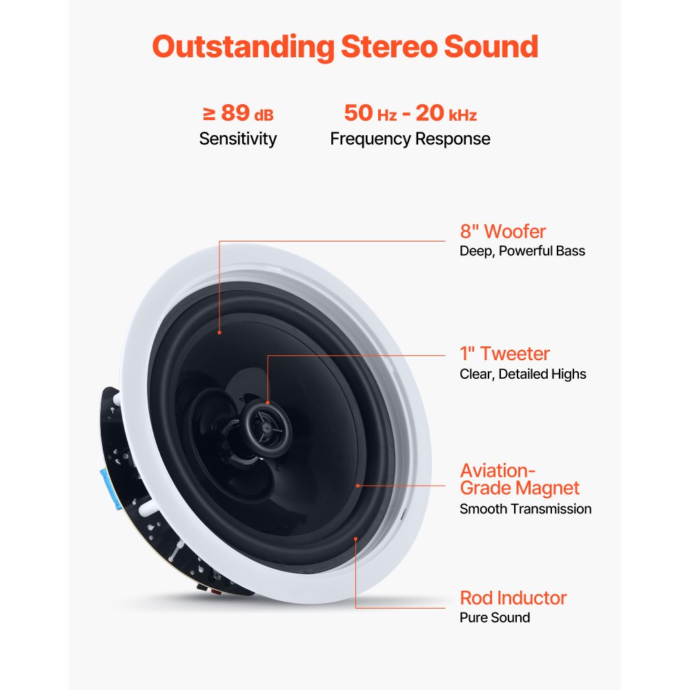 Ηχεία Οροφής Bluetooth VEVOR, 203,2 χιλ., Σύστημα ηχείων οροφής και τοίχου με ενισχυτή, Ηχεία 2 δρόμων εντοιχιζόμενα, για τοποθέτηση σε υγρά περιβάλλοντα, οικιακό κινηματογράφο, σαλόνι ή σκεπαστή βεράντα, 1 ζεύγος Ηχεία Οροφής Bluetooth VEVOR, 203,2 χιλ., Σύστημα ηχείων οροφής και τοίχου με ενισχυτή, Ηχεία 2 δρόμων εντοιχιζόμενα, για τοποθέτηση σε υγρά περιβάλλοντα, οικιακό κινηματογράφο, σαλόνι ή σκεπαστή βεράντα, 1 ζεύγος