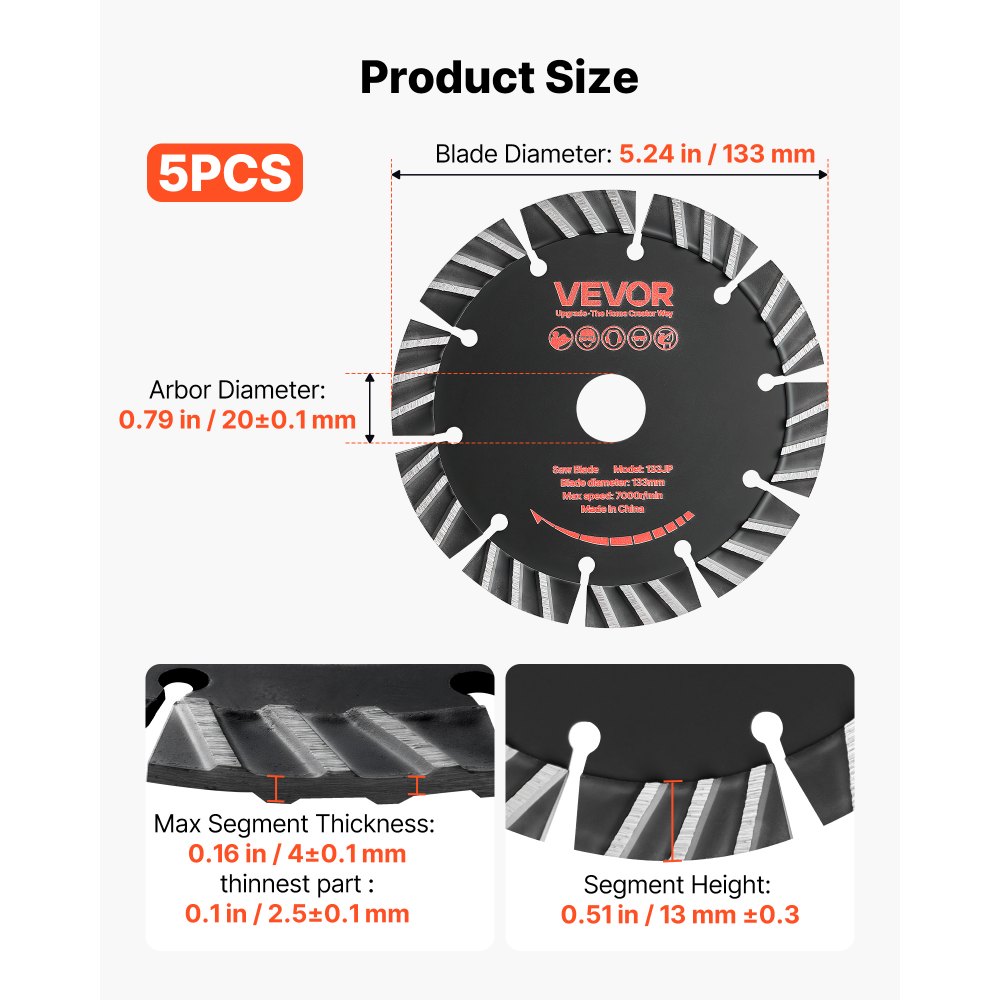Λεπίδες διαμαντιών VEVOR 133 mm, 5 λεπίδες κοπής τοίχου Chaser, άξονας 20 mm, διαμαντένια τμήματα υψηλής σκληρότητας, χαλύβδινος πυρήνας 65Mn, ξηρή και υγρή κοπή, καθαρές άκρες για σκυρόδεμα, τούβλα, πέτρα, τσιμέντο Λεπίδες διαμαντιών VEVOR 133 mm, 5 λεπίδες κοπής τοίχου Chaser, άξονας 20 mm, διαμαντένια τμήματα υψηλής σκληρότητας, χαλύβδινος πυρήνας 65Mn, ξηρή και υγρή κοπή, καθαρές άκρες για σκυρόδεμα, τούβλα, πέτρα, τσιμέντο