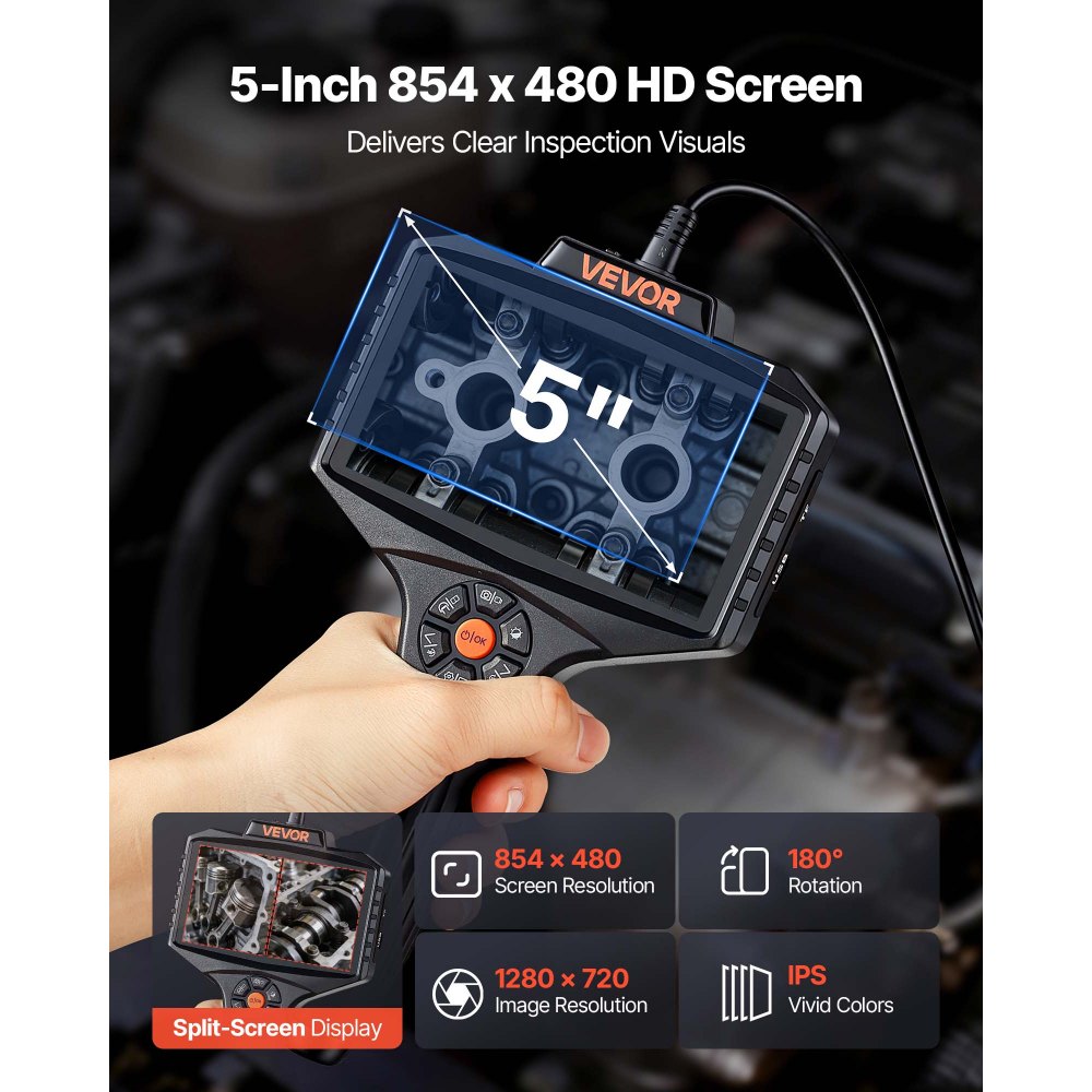 Ενδοσκόπιο VEVOR με μηχανοκίνητη περιστροφή 360°, Βιομηχανική κάμερα ενδοσκοπίου διπλού φακού με φως, διαιρούμενη οθόνη HD IPS 5", λεπτός φακός 8 mm, αδιάβροχη κάμερα επιθεώρησης IP67 για αυτοκίνητα, υδραυλικά (καλώδιο φιδιού 5 μέτρων) Ενδοσκόπιο VEVOR με μηχανοκίνητη περιστροφή 360°, Βιομηχανική κάμερα ενδοσκοπίου διπλού φακού με φως, διαιρούμενη οθόνη HD IPS 5", λεπτός φακός 8 mm, αδιάβροχη κάμερα επιθεώρησης IP67 για αυτοκίνητα, υδραυλικά (καλώδιο φιδιού 5 μέτρων)