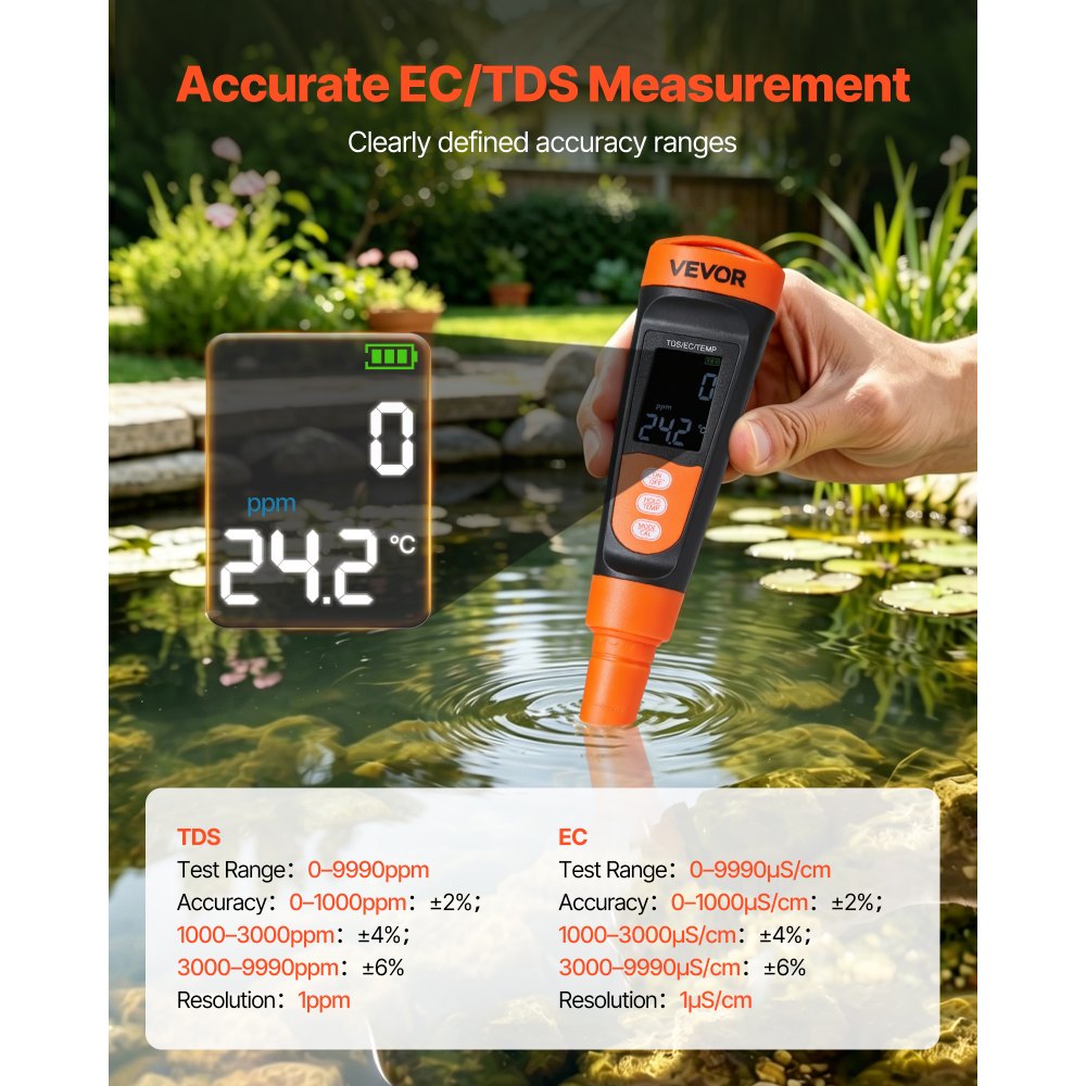 Μετρητής VEVOR TDS, Εύρος μέτρησης 0-9990 ppm, Μέτρηση πολλαπλών παραμέτρων EC (Αγωγιμότητα) /TDS (ppm), Ψηφιακός ελεγκτής νερού με ATC, Ευκρινής οθόνη VA, για έλεγχο ποιότητας πόσιμου νερού Μετρητής VEVOR TDS, Εύρος μέτρησης 0-9990 ppm, Μέτρηση πολλαπλών παραμέτρων EC (Αγωγιμότητα) /TDS (ppm), Ψηφιακός ελεγκτής νερού με ATC, Ευκρινής οθόνη VA, για έλεγχο ποιότητας πόσιμου νερού