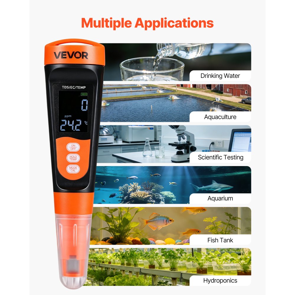 Μετρητής VEVOR TDS, Εύρος μέτρησης 0-9990 ppm, Μέτρηση πολλαπλών παραμέτρων EC (Αγωγιμότητα) /TDS (ppm), Ψηφιακός ελεγκτής νερού με ATC, Ευκρινής οθόνη VA, για έλεγχο ποιότητας πόσιμου νερού Μετρητής VEVOR TDS, Εύρος μέτρησης 0-9990 ppm, Μέτρηση πολλαπλών παραμέτρων EC (Αγωγιμότητα) /TDS (ppm), Ψηφιακός ελεγκτής νερού με ATC, Ευκρινής οθόνη VA, για έλεγχο ποιότητας πόσιμου νερού