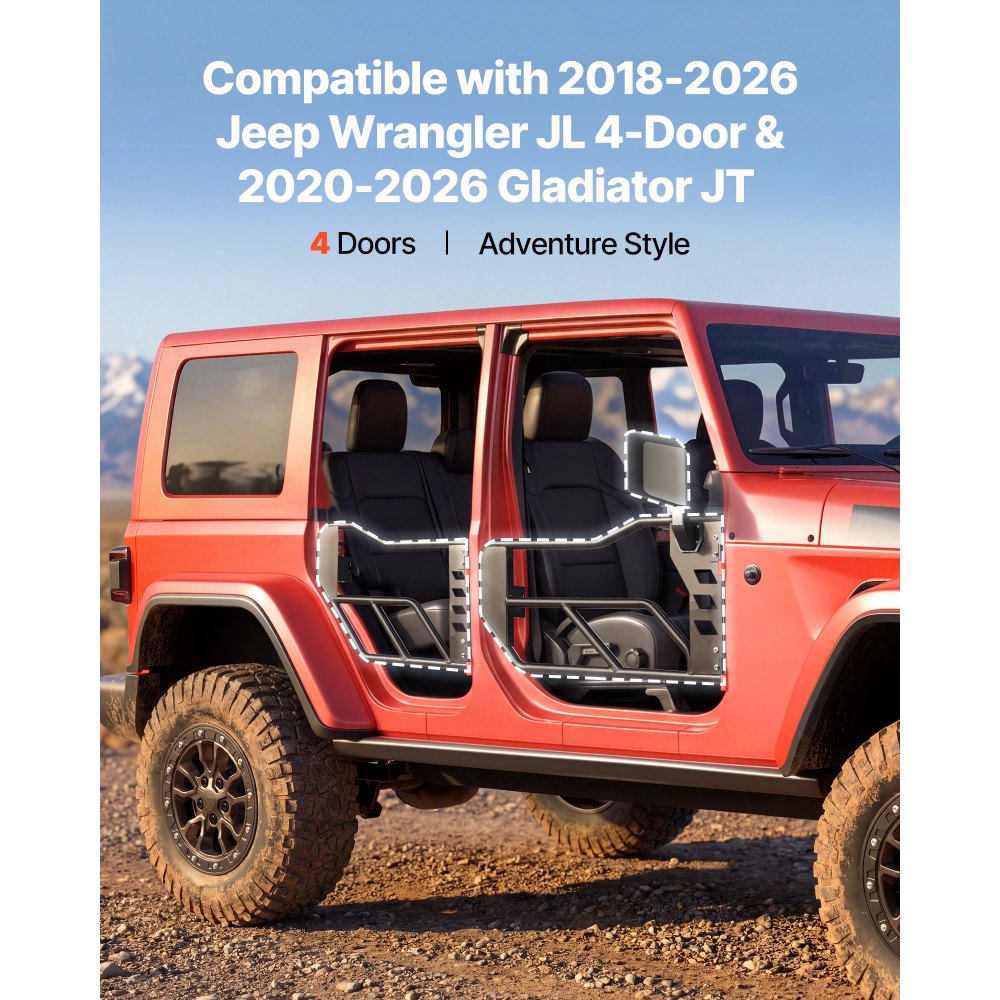Πόρτες VEVOR Jeep Tube, 4θυρες, συμβατές με Jeep Wrangler JL 2018-2026 & Gladiator JT 2020-2026, Χαλύβδινες μπροστινές και πίσω σωληνωτές ημιθυρίδες Off Road με πιστοποιημένους πλευρικούς καθρέφτες DOT και λαστιχένια μαξιλαράκια. Πόρτες VEVOR Jeep Tube, 4θυρες, συμβατές με Jeep Wrangler JL 2018-2026 & Gladiator JT 2020-2026, Χαλύβδινες μπροστινές και πίσω σωληνωτές ημιθυρίδες Off Road με πιστοποιημένους πλευρικούς καθρέφτες DOT και λαστιχένια μαξιλαράκια.