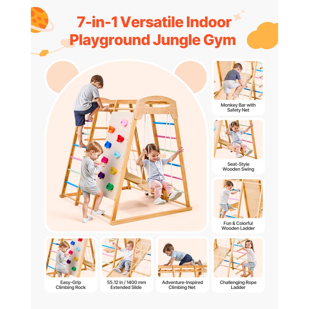 VEVOR Εσωτερική Παιδική Χαρά Jungle Gym, Ξύλινη Εσωτερική Παιδική Χαρά 7 σε 1 για Παιδιά, Σετ Παιχνιδιών Αναρρίχησης Montessori 113KG με Κούνια, Μπάρα Μαϊμούς, Τσουλήθρα, Ξύλινη Σκάλα, Σκάλα με Σχοινί, Δίχτυ Αναρρίχησης & Βράχο VEVOR Εσωτερική Παιδική Χαρά Jungle Gym, Ξύλινη Εσωτερική Παιδική Χαρά 7 σε 1 για Παιδιά, Σετ Παιχνιδιών Αναρρίχησης Montessori 113KG με Κούνια, Μπάρα Μαϊμούς, Τσουλήθρα, Ξύλινη Σκάλα, Σκάλα με Σχοινί, Δίχτυ Αναρρίχησης & Βράχο