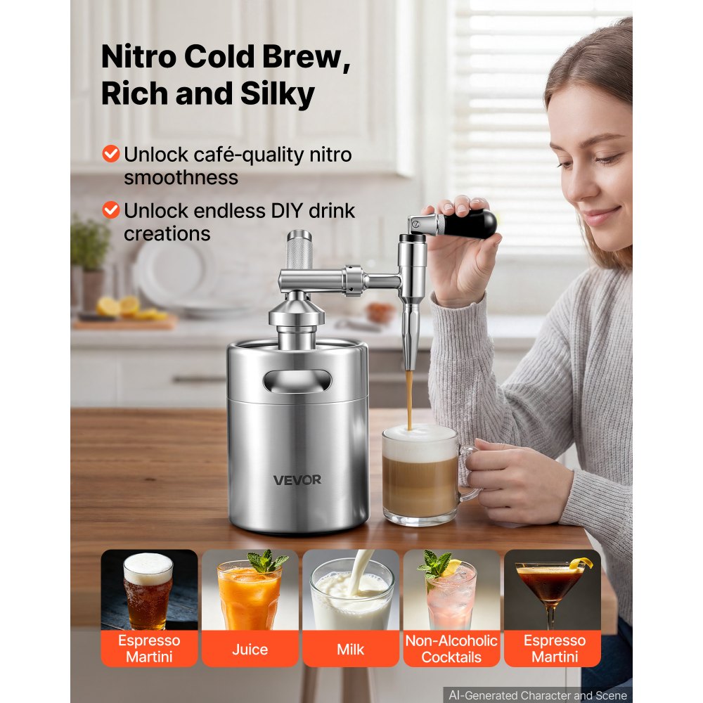 Καφετιέρα VEVOR Nitro Cold Brew 2L Σύστημα Διανομέα Αζώτου, Βαρέλι Καφέ για Οικιακή Παρασκευή, Φορητός Εγχυτήρας Αζώτου με Διανομέα και Βαλβίδα Εκτόνωσης Πίεσης, Δώρο για τους Λάτρεις του Καφέ Καφετιέρα VEVOR Nitro Cold Brew 2L Σύστημα Διανομέα Αζώτου, Βαρέλι Καφέ για Οικιακή Παρασκευή, Φορητός Εγχυτήρας Αζώτου με Διανομέα και Βαλβίδα Εκτόνωσης Πίεσης, Δώρο για τους Λάτρεις του Καφέ