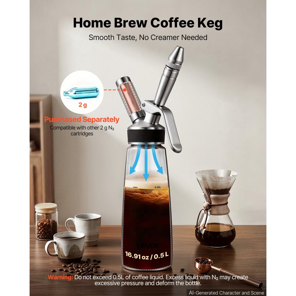 Καφετιέρα VEVOR Nitro Cold Brew Σύστημα Διανομέα Αζώτου 0,5L, Βαρέλι Καφέ για Οικιακή Παρασκευή, Φορητός Εγχυτήρας Αζώτου με Διανομέα και Βαλβίδα Εκτόνωσης Πίεσης, Δώρο για τους Λάτρεις του Καφέ Καφετιέρα VEVOR Nitro Cold Brew Σύστημα Διανομέα Αζώτου 0,5L, Βαρέλι Καφέ για Οικιακή Παρασκευή, Φορητός Εγχυτήρας Αζώτου με Διανομέα και Βαλβίδα Εκτόνωσης Πίεσης, Δώρο για τους Λάτρεις του Καφέ