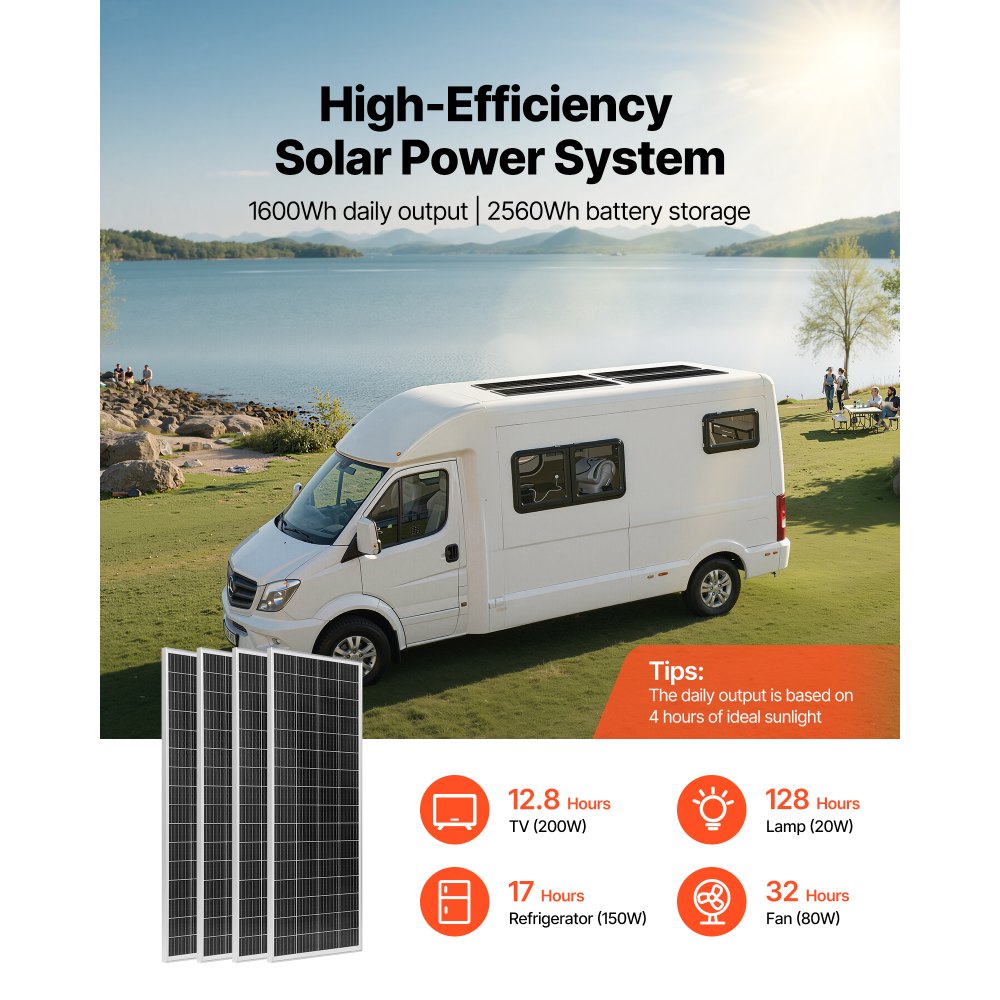 Πλήρες κιτ ηλιακής ενέργειας VEVOR 400W 12V, 4 μονοκρυσταλλικά ηλιακά πάνελ 100W + μπαταρία LiFePO₄ 12,8V 200Ah + ρυθμιστής φόρτισης MPPT 40A + μετατροπέας ισχύος 2000W για τροχόσπιτα, κάμπινγκ, σκάφη εκτός δικτύου Πλήρες κιτ ηλιακής ενέργειας VEVOR 400W 12V, 4 μονοκρυσταλλικά ηλιακά πάνελ 100W + μπαταρία LiFePO₄ 12,8V 200Ah + ρυθμιστής φόρτισης MPPT 40A + μετατροπέας ισχύος 2000W για τροχόσπιτα, κάμπινγκ, σκάφη εκτός δικτύου