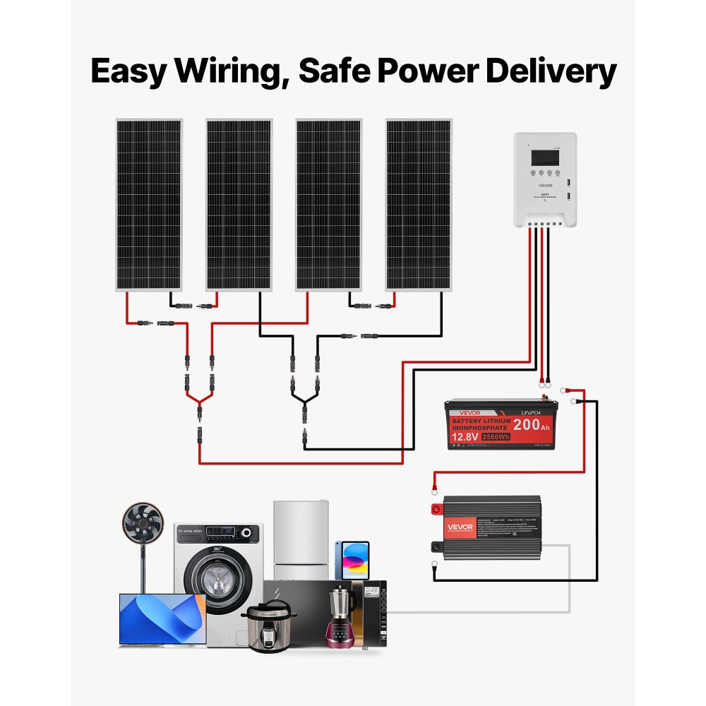 Πλήρες κιτ ηλιακής ενέργειας VEVOR 400W 12V, 4 μονοκρυσταλλικά ηλιακά πάνελ 100W + μπαταρία LiFePO₄ 12,8V 200Ah + ρυθμιστής φόρτισης MPPT 40A + μετατροπέας ισχύος 2000W για τροχόσπιτα, κάμπινγκ, σκάφη εκτός δικτύου Πλήρες κιτ ηλιακής ενέργειας VEVOR 400W 12V, 4 μονοκρυσταλλικά ηλιακά πάνελ 100W + μπαταρία LiFePO₄ 12,8V 200Ah + ρυθμιστής φόρτισης MPPT 40A + μετατροπέας ισχύος 2000W για τροχόσπιτα, κάμπινγκ, σκάφη εκτός δικτύου