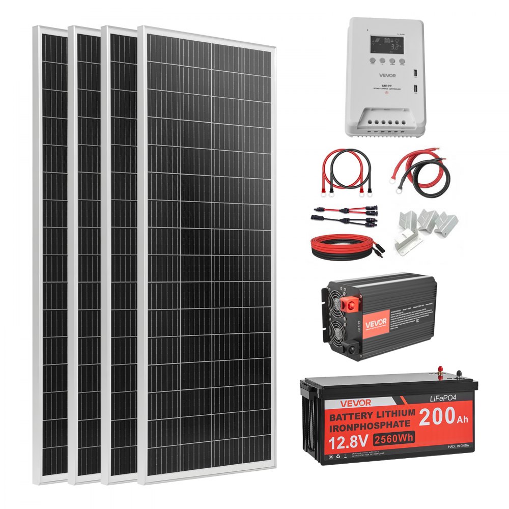 Πλήρες κιτ ηλιακής ενέργειας VEVOR 400W 12V, 4 μονοκρυσταλλικά ηλιακά πάνελ 100W + μπαταρία LiFePO₄ 12,8V 200Ah + ρυθμιστής φόρτισης MPPT 40A + μετατροπέας ισχύος 2000W για τροχόσπιτα, κάμπινγκ, σκάφη εκτός δικτύου Πλήρες κιτ ηλιακής ενέργειας VEVOR 400W 12V, 4 μονοκρυσταλλικά ηλιακά πάνελ 100W + μπαταρία LiFePO₄ 12,8V 200Ah + ρυθμιστής φόρτισης MPPT 40A + μετατροπέας ισχύος 2000W για τροχόσπιτα, κάμπινγκ, σκάφη εκτός δικτύου