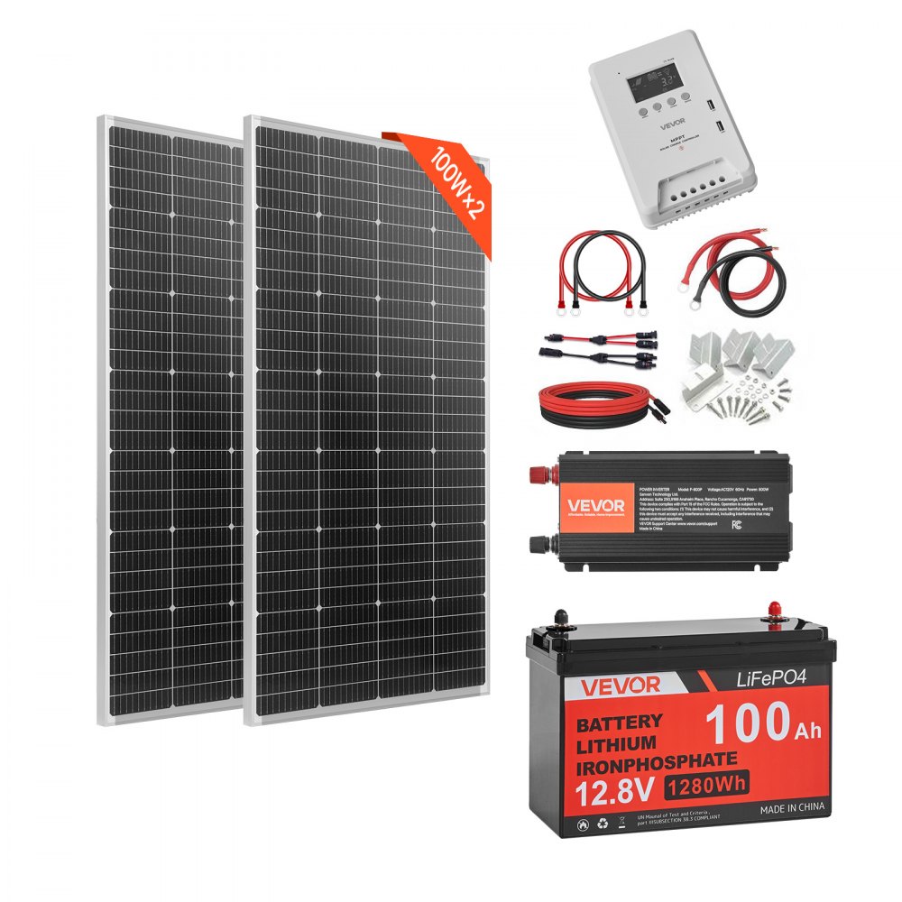Πλήρες κιτ ηλιακής ενέργειας VEVOR 400W 12V, 2 τεμάχια μονοκρυσταλλικά ηλιακά πάνελ 200W + μπαταρία LiFePO₄ 12,8V 100Ah + ρυθμιστής φόρτισης MPPT 40A + μετατροπέας ισχύος 1000W για τροχόσπιτα, κάμπινγκ, σκάφη εκτός δικτύου Πλήρες κιτ ηλιακής ενέργειας VEVOR 400W 12V, 2 τεμάχια μονοκρυσταλλικά ηλιακά πάνελ 200W + μπαταρία LiFePO₄ 12,8V 100Ah + ρυθμιστής φόρτισης MPPT 40A + μετατροπέας ισχύος 1000W για τροχόσπιτα, κάμπινγκ, σκάφη εκτός δικτύου
