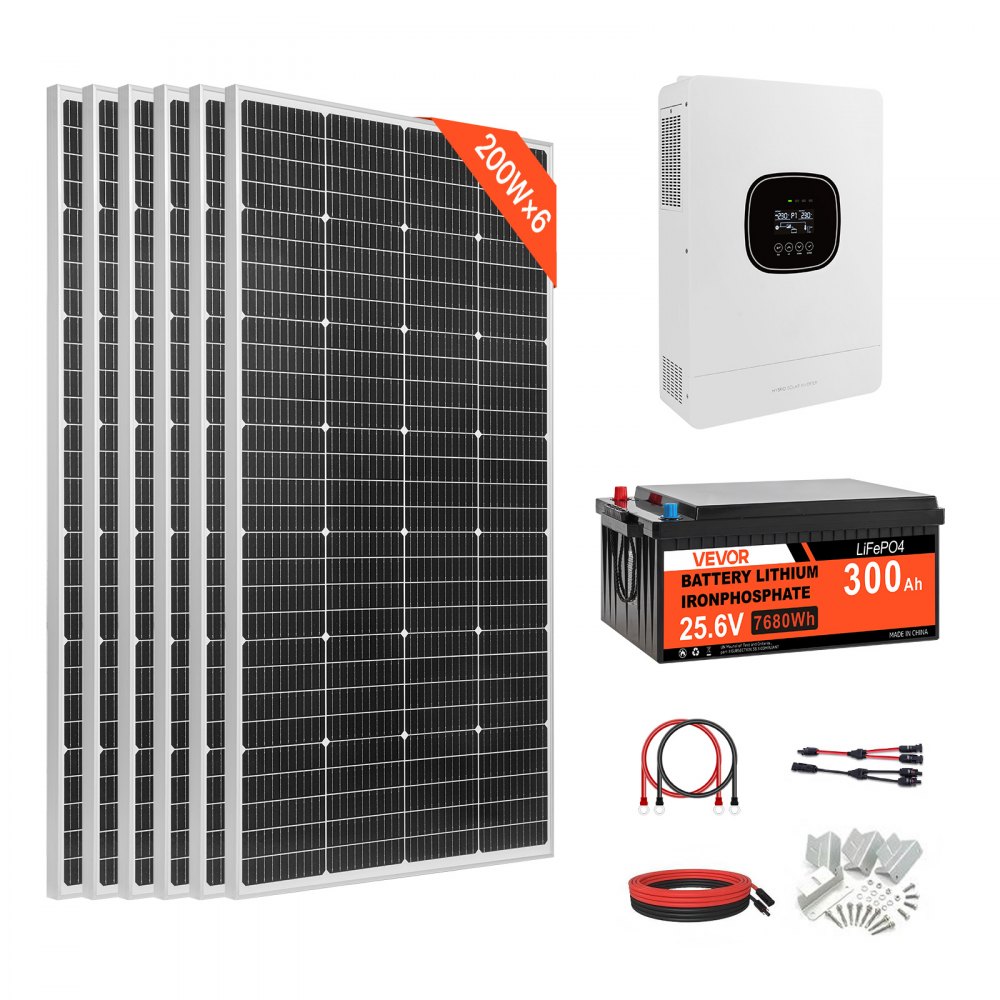Πλήρες κιτ ηλιακής ενέργειας VEVOR 1200W 24V, 6 τεμάχια μονοκρυσταλλικά ηλιακά πάνελ 200W + μπαταρία LiFePO₄ 25,6V 300Ah + υβριδικός μετατροπέας 24V 3600W, κιτ ηλιακής ενέργειας υψηλής απόδοσης αυτόνομου δικτύου για μεγάλο σπίτι/υπόστεγο Πλήρες κιτ ηλιακής ενέργειας VEVOR 1200W 24V, 6 τεμάχια μονοκρυσταλλικά ηλιακά πάνελ 200W + μπαταρία LiFePO₄ 25,6V 300Ah + υβριδικός μετατροπέας 24V 3600W, κιτ ηλιακής ενέργειας υψηλής απόδοσης αυτόνομου δικτύου για μεγάλο σπίτι/υπόστεγο