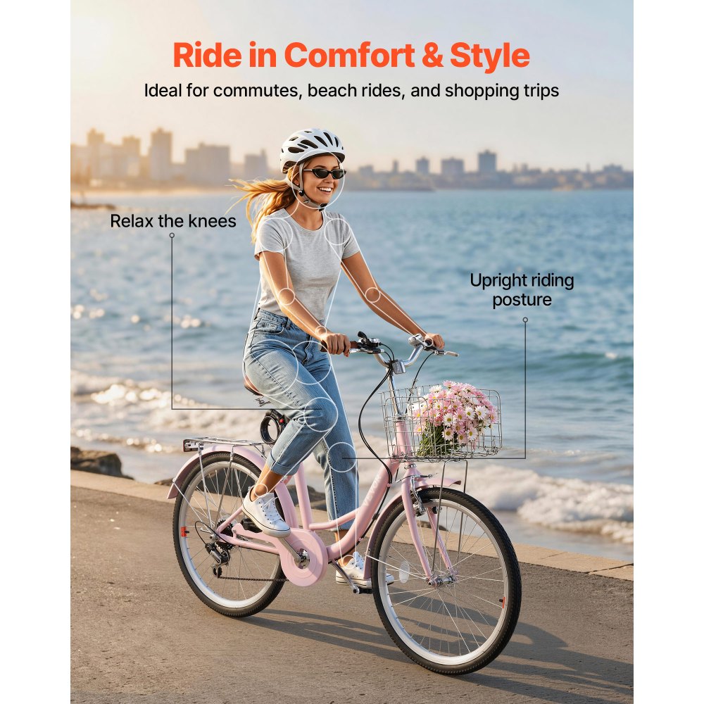 Γυναικείο Ποδήλατο VEVOR, Ποδήλατο Beach Cruiser 61cm, Ποδήλατο Πόλης Ενηλίκων 7 Ταχυτήτων με Σκελετό από Ανθρακονήματα, Χωρητικότητα 150kg, Καλάθι, Πίσω Σχάρα & Διπλά Φρένα V, Ροζ Γυναικείο Ποδήλατο VEVOR, Ποδήλατο Beach Cruiser 61cm, Ποδήλατο Πόλης Ενηλίκων 7 Ταχυτήτων με Σκελετό από Ανθρακονήματα, Χωρητικότητα 150kg, Καλάθι, Πίσω Σχάρα & Διπλά Φρένα V, Ροζ