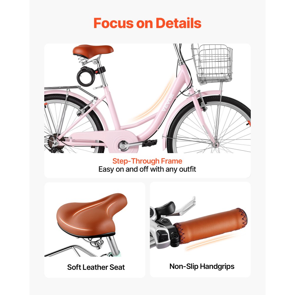Γυναικείο Ποδήλατο VEVOR, Ποδήλατο Beach Cruiser 61cm, Ποδήλατο Πόλης Ενηλίκων 7 Ταχυτήτων με Σκελετό από Ανθρακονήματα, Χωρητικότητα 150kg, Καλάθι, Πίσω Σχάρα & Διπλά Φρένα V, Ροζ Γυναικείο Ποδήλατο VEVOR, Ποδήλατο Beach Cruiser 61cm, Ποδήλατο Πόλης Ενηλίκων 7 Ταχυτήτων με Σκελετό από Ανθρακονήματα, Χωρητικότητα 150kg, Καλάθι, Πίσω Σχάρα & Διπλά Φρένα V, Ροζ