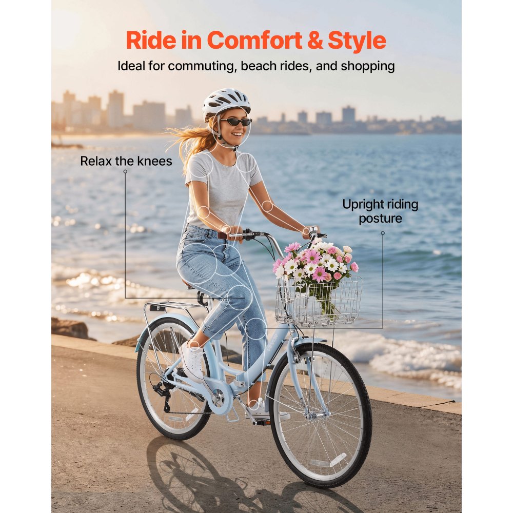 Γυναικείο Ποδήλατο VEVOR, Πτυσσόμενο Ποδήλατο Beach Cruiser 66cm, Ποδήλατο Πόλης Ενηλίκων 7 Ταχυτήτων με Ατσάλινο Σκελετό, Χωρητικότητα 150kg, Καλάθι, Πίσω Σχάρα & Διπλά Φρένα V, Ανοιχτό Μπλε Γυναικείο Ποδήλατο VEVOR, Πτυσσόμενο Ποδήλατο Beach Cruiser 66cm, Ποδήλατο Πόλης Ενηλίκων 7 Ταχυτήτων με Ατσάλινο Σκελετό, Χωρητικότητα 150kg, Καλάθι, Πίσω Σχάρα & Διπλά Φρένα V, Ανοιχτό Μπλε