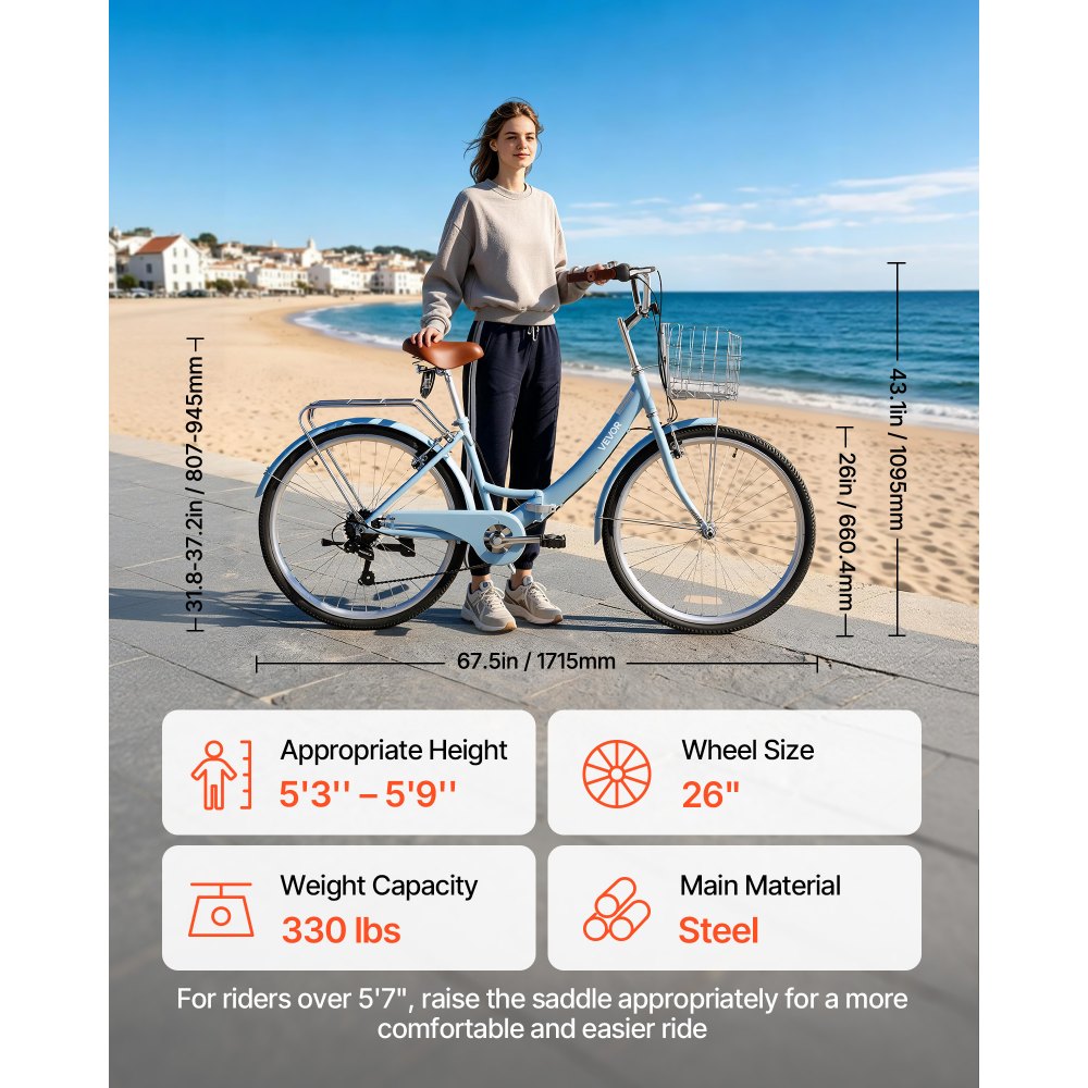 Γυναικείο Ποδήλατο VEVOR, Πτυσσόμενο Ποδήλατο Beach Cruiser 66cm, Ποδήλατο Πόλης Ενηλίκων 7 Ταχυτήτων με Ατσάλινο Σκελετό, Χωρητικότητα 150kg, Καλάθι, Πίσω Σχάρα & Διπλά Φρένα V, Ανοιχτό Μπλε Γυναικείο Ποδήλατο VEVOR, Πτυσσόμενο Ποδήλατο Beach Cruiser 66cm, Ποδήλατο Πόλης Ενηλίκων 7 Ταχυτήτων με Ατσάλινο Σκελετό, Χωρητικότητα 150kg, Καλάθι, Πίσω Σχάρα & Διπλά Φρένα V, Ανοιχτό Μπλε