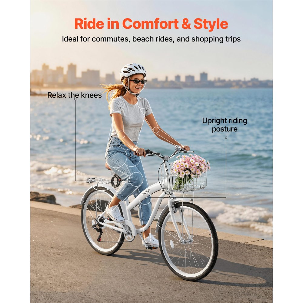 Γυναικείο Ποδήλατο VEVOR, Ποδήλατο Beach Cruiser 66cm, Ποδήλατο πόλης ενηλίκων 7 ταχυτήτων με σκελετό από ανθρακονήματα, χωρητικότητα 150kg, καλάθι, πίσω σχάρα και διπλά φρένα V, λευκό Γυναικείο Ποδήλατο VEVOR, Ποδήλατο Beach Cruiser 66cm, Ποδήλατο πόλης ενηλίκων 7 ταχυτήτων με σκελετό από ανθρακονήματα, χωρητικότητα 150kg, καλάθι, πίσω σχάρα και διπλά φρένα V, λευκό