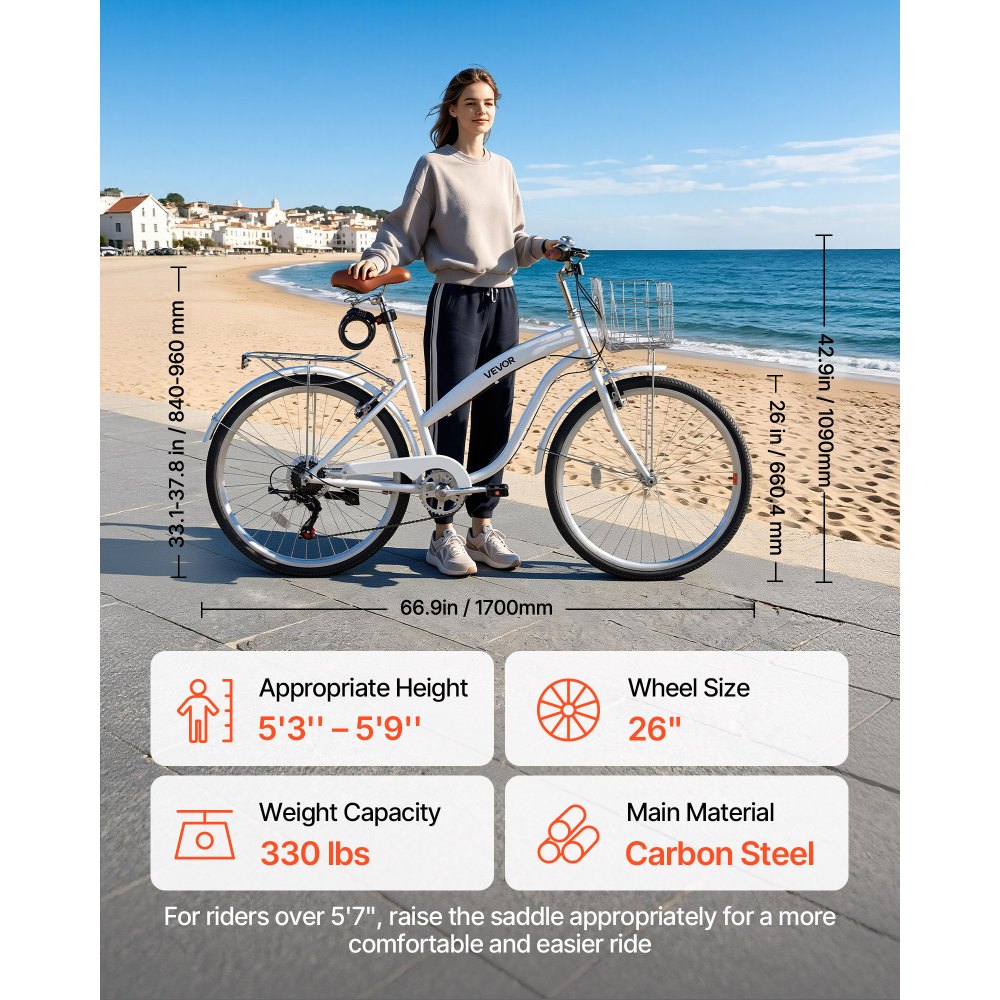 Γυναικείο Ποδήλατο VEVOR, Ποδήλατο Beach Cruiser 66cm, Ποδήλατο πόλης ενηλίκων 7 ταχυτήτων με σκελετό από ανθρακονήματα, χωρητικότητα 150kg, καλάθι, πίσω σχάρα και διπλά φρένα V, λευκό Γυναικείο Ποδήλατο VEVOR, Ποδήλατο Beach Cruiser 66cm, Ποδήλατο πόλης ενηλίκων 7 ταχυτήτων με σκελετό από ανθρακονήματα, χωρητικότητα 150kg, καλάθι, πίσω σχάρα και διπλά φρένα V, λευκό