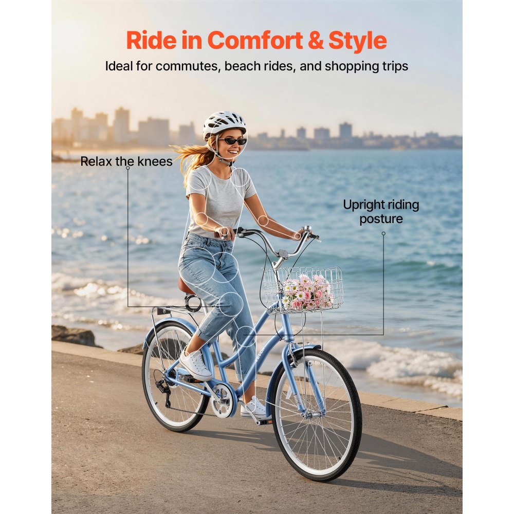 Γυναικείο Ποδήλατο VEVOR, Ποδήλατο Beach Cruiser 66cm, Ποδήλατο πόλης ενηλίκων 7 ταχυτήτων με πλαίσιο από κράμα αλουμινίου, χωρητικότητα 150kg, καλάθι, πίσω σχάρα και διπλά φρένα V, ανοιχτό μπλε Γυναικείο Ποδήλατο VEVOR, Ποδήλατο Beach Cruiser 66cm, Ποδήλατο πόλης ενηλίκων 7 ταχυτήτων με πλαίσιο από κράμα αλουμινίου, χωρητικότητα 150kg, καλάθι, πίσω σχάρα και διπλά φρένα V, ανοιχτό μπλε