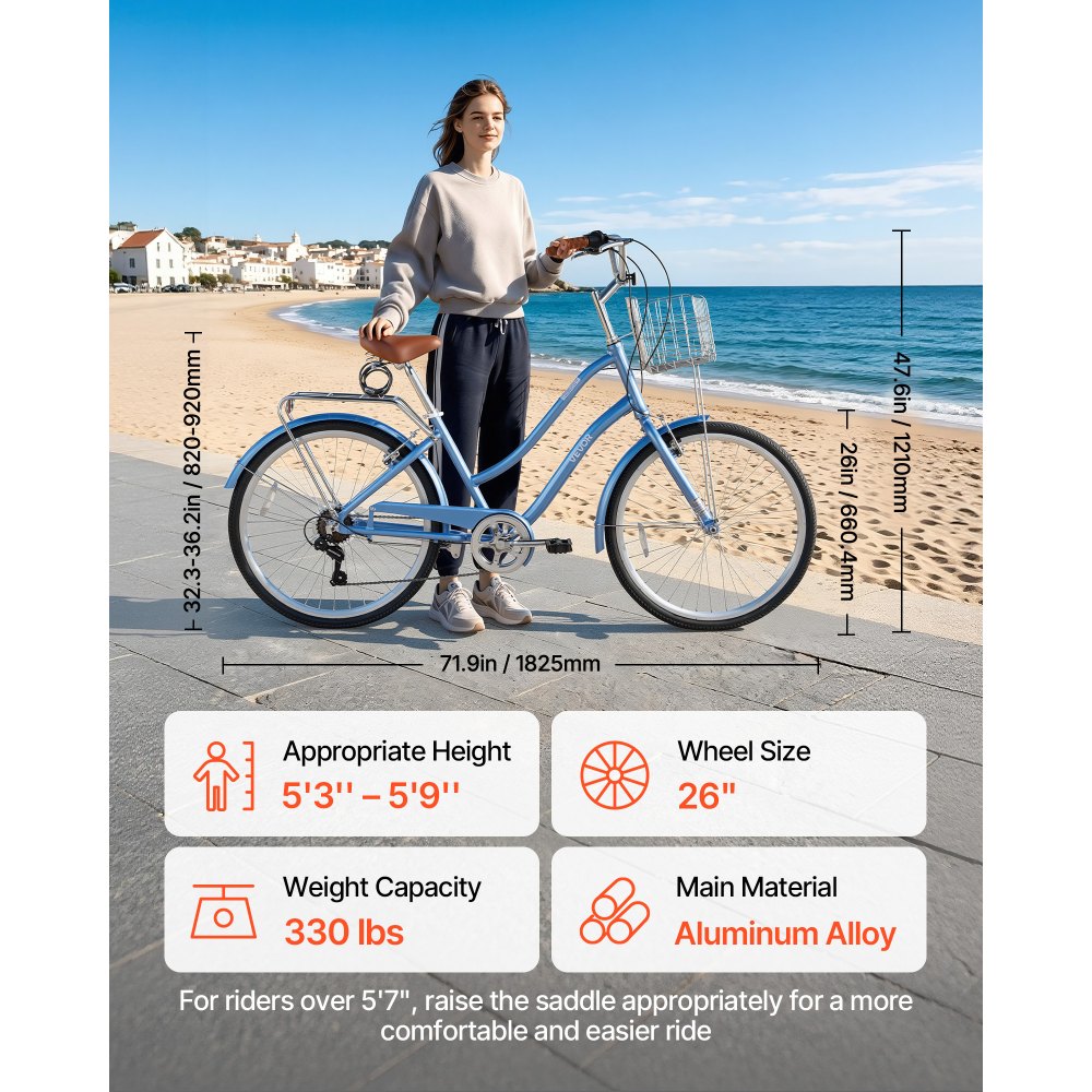 Γυναικείο Ποδήλατο VEVOR, Ποδήλατο Beach Cruiser 66cm, Ποδήλατο πόλης ενηλίκων 7 ταχυτήτων με πλαίσιο από κράμα αλουμινίου, χωρητικότητα 150kg, καλάθι, πίσω σχάρα και διπλά φρένα V, ανοιχτό μπλε Γυναικείο Ποδήλατο VEVOR, Ποδήλατο Beach Cruiser 66cm, Ποδήλατο πόλης ενηλίκων 7 ταχυτήτων με πλαίσιο από κράμα αλουμινίου, χωρητικότητα 150kg, καλάθι, πίσω σχάρα και διπλά φρένα V, ανοιχτό μπλε