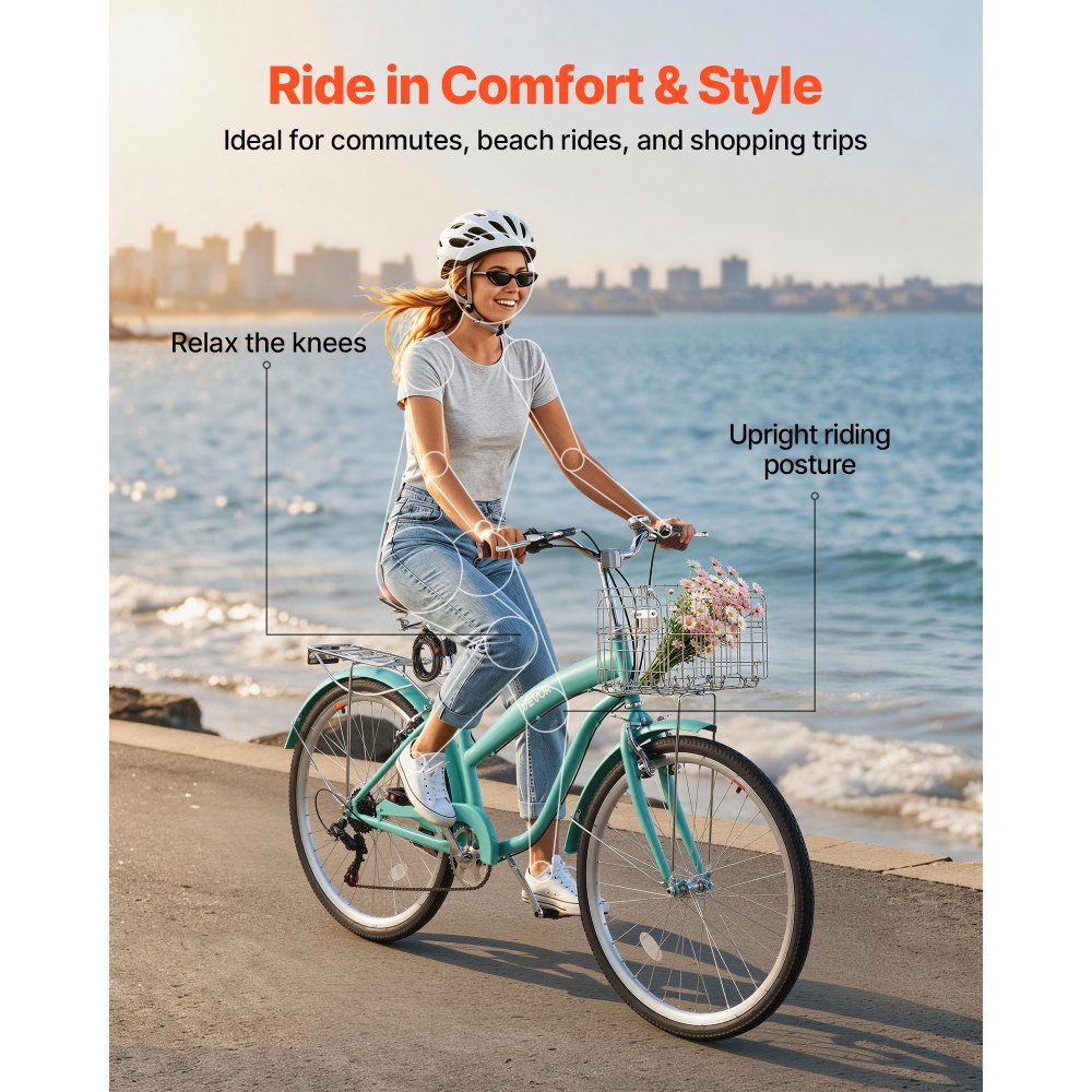 Γυναικείο Ποδήλατο VEVOR, Ποδήλατο Beach Cruiser 66cm, Ποδήλατο πόλης ενηλίκων 7 ταχυτήτων με σκελετό από ανθρακονήματα, χωρητικότητα 150kg, καλάθι, πίσω σχάρα και διπλά φρένα V, ανοιχτό πράσινο Γυναικείο Ποδήλατο VEVOR, Ποδήλατο Beach Cruiser 66cm, Ποδήλατο πόλης ενηλίκων 7 ταχυτήτων με σκελετό από ανθρακονήματα, χωρητικότητα 150kg, καλάθι, πίσω σχάρα και διπλά φρένα V, ανοιχτό πράσινο