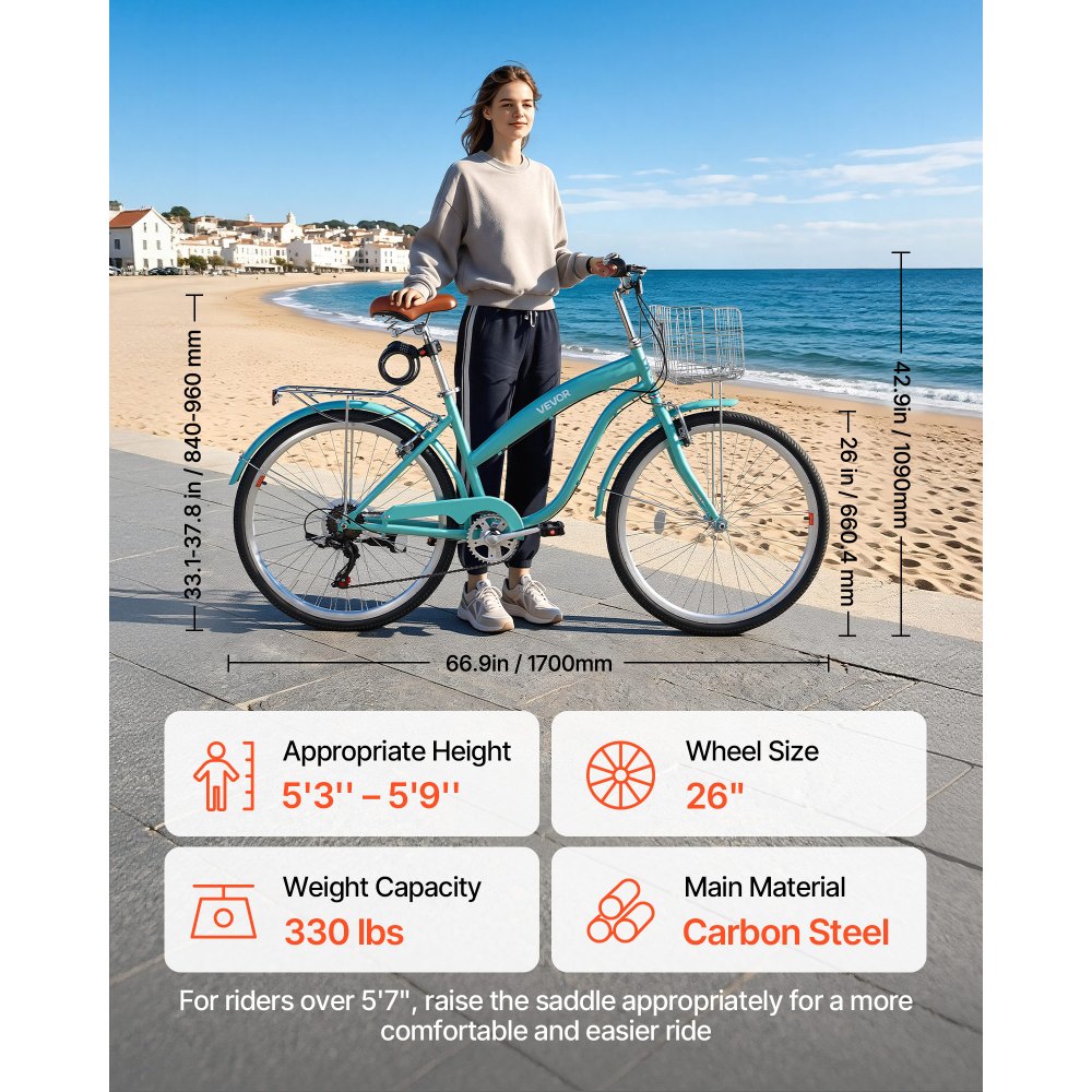 Γυναικείο Ποδήλατο VEVOR, Ποδήλατο Beach Cruiser 66cm, Ποδήλατο πόλης ενηλίκων 7 ταχυτήτων με σκελετό από ανθρακονήματα, χωρητικότητα 150kg, καλάθι, πίσω σχάρα και διπλά φρένα V, ανοιχτό πράσινο Γυναικείο Ποδήλατο VEVOR, Ποδήλατο Beach Cruiser 66cm, Ποδήλατο πόλης ενηλίκων 7 ταχυτήτων με σκελετό από ανθρακονήματα, χωρητικότητα 150kg, καλάθι, πίσω σχάρα και διπλά φρένα V, ανοιχτό πράσινο