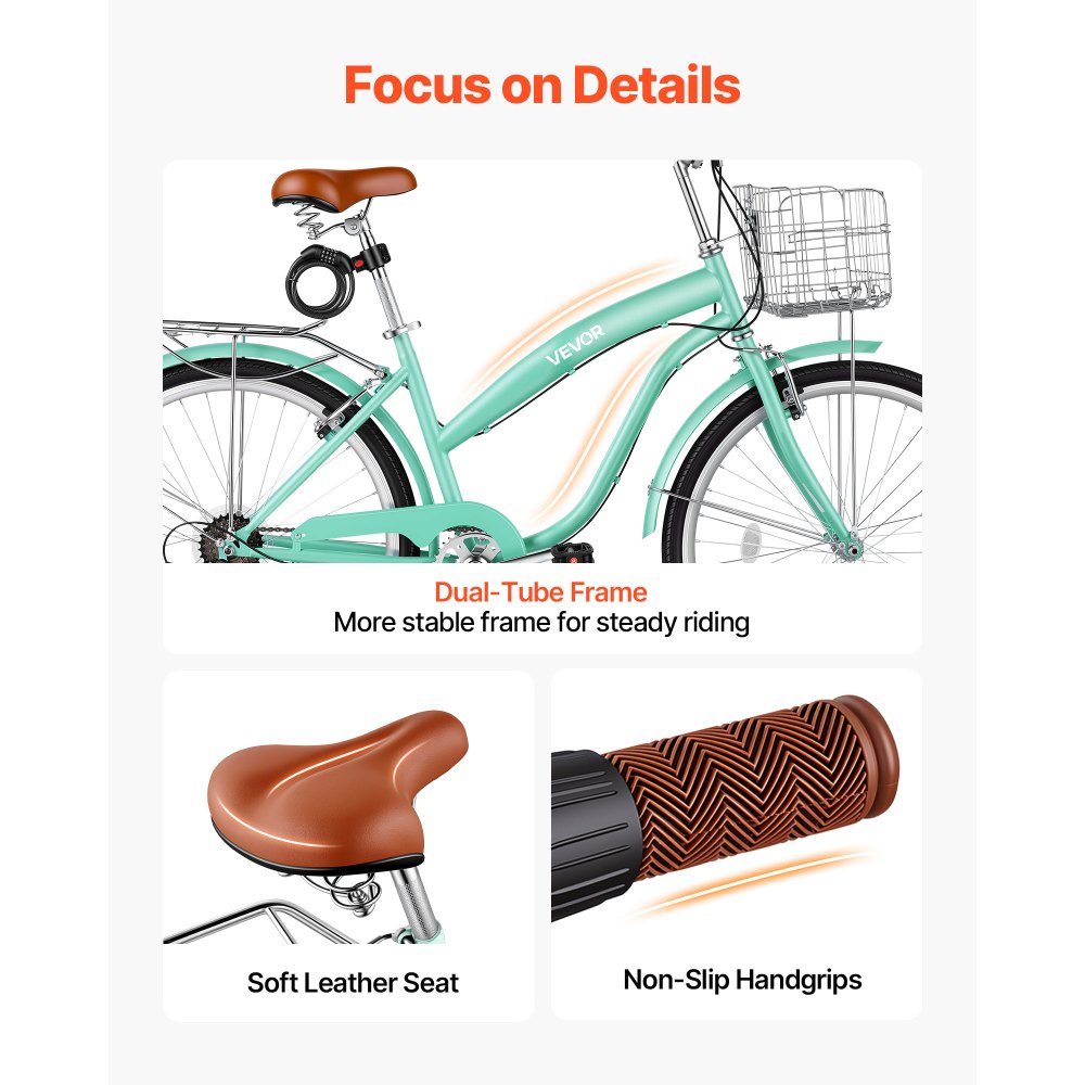 Γυναικείο Ποδήλατο VEVOR, Ποδήλατο Beach Cruiser 66cm, Ποδήλατο πόλης ενηλίκων 7 ταχυτήτων με σκελετό από ανθρακονήματα, χωρητικότητα 150kg, καλάθι, πίσω σχάρα και διπλά φρένα V, ανοιχτό πράσινο Γυναικείο Ποδήλατο VEVOR, Ποδήλατο Beach Cruiser 66cm, Ποδήλατο πόλης ενηλίκων 7 ταχυτήτων με σκελετό από ανθρακονήματα, χωρητικότητα 150kg, καλάθι, πίσω σχάρα και διπλά φρένα V, ανοιχτό πράσινο