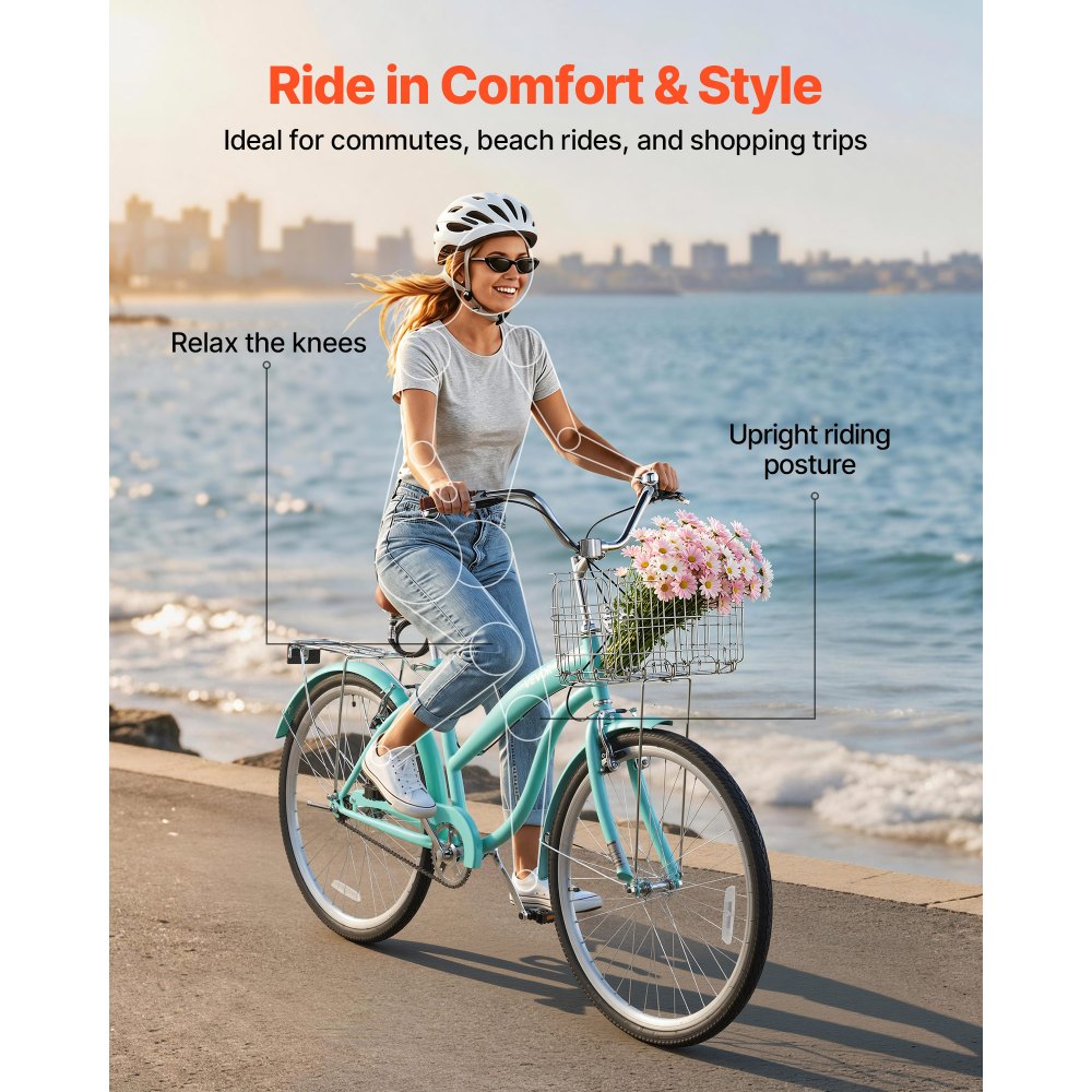 Γυναικείο Ποδήλατο VEVOR, Ποδήλατο Beach Cruiser 66cm, Ποδήλατο πόλης ενηλίκων μονής ταχύτητας με ατσάλινο σκελετό, χωρητικότητα 150kg, καλάθι, πίσω σχάρα και διπλά φρένα V, ανοιχτό πράσινο Γυναικείο Ποδήλατο VEVOR, Ποδήλατο Beach Cruiser 66cm, Ποδήλατο πόλης ενηλίκων μονής ταχύτητας με ατσάλινο σκελετό, χωρητικότητα 150kg, καλάθι, πίσω σχάρα και διπλά φρένα V, ανοιχτό πράσινο