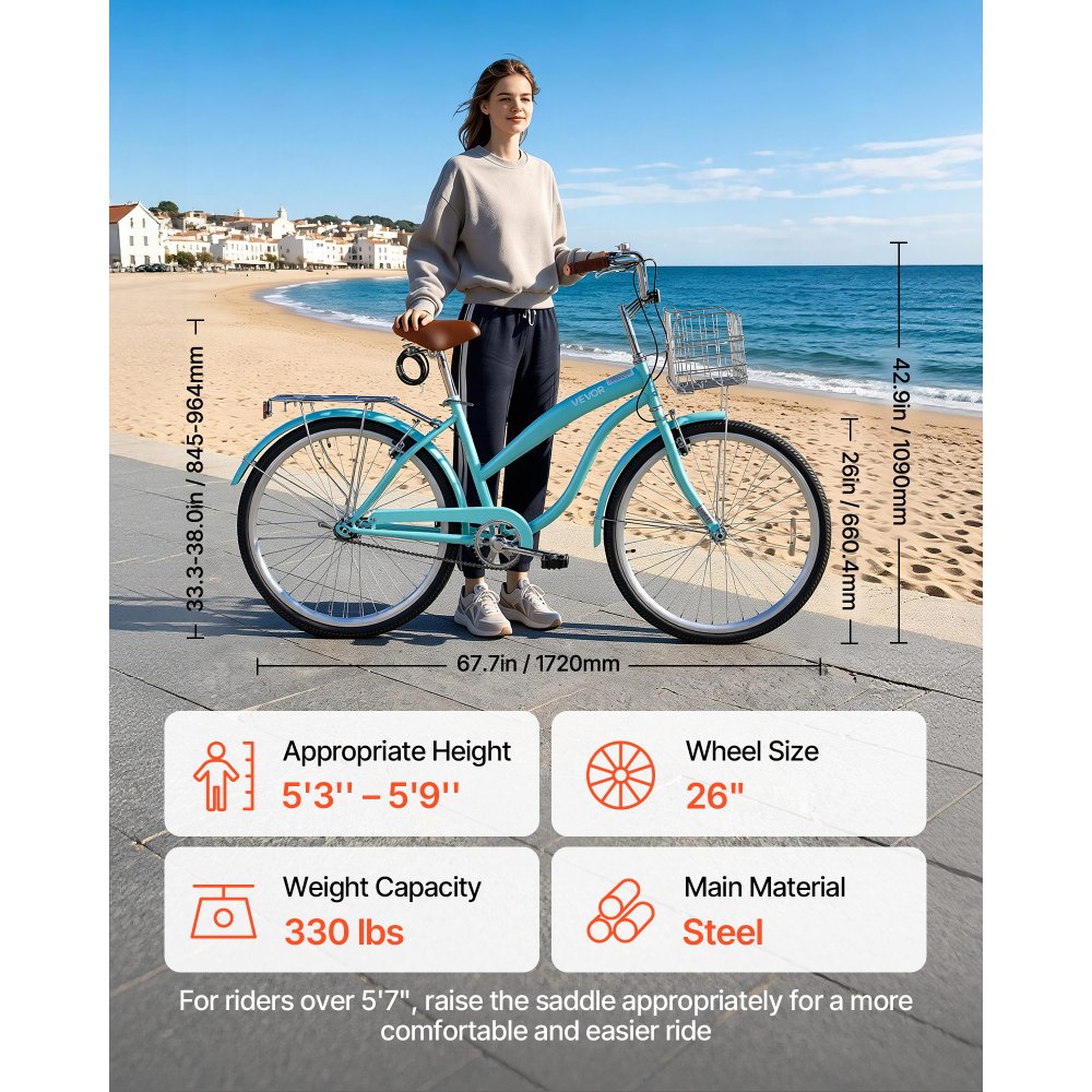 Γυναικείο Ποδήλατο VEVOR, Ποδήλατο Beach Cruiser 66cm, Ποδήλατο πόλης ενηλίκων μονής ταχύτητας με ατσάλινο σκελετό, χωρητικότητα 150kg, καλάθι, πίσω σχάρα και διπλά φρένα V, ανοιχτό πράσινο Γυναικείο Ποδήλατο VEVOR, Ποδήλατο Beach Cruiser 66cm, Ποδήλατο πόλης ενηλίκων μονής ταχύτητας με ατσάλινο σκελετό, χωρητικότητα 150kg, καλάθι, πίσω σχάρα και διπλά φρένα V, ανοιχτό πράσινο
