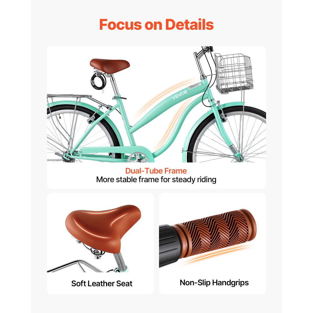 Γυναικείο Ποδήλατο VEVOR, Ποδήλατο Beach Cruiser 66cm, Ποδήλατο πόλης ενηλίκων μονής ταχύτητας με ατσάλινο σκελετό, χωρητικότητα 150kg, καλάθι, πίσω σχάρα και διπλά φρένα V, ανοιχτό πράσινο Γυναικείο Ποδήλατο VEVOR, Ποδήλατο Beach Cruiser 66cm, Ποδήλατο πόλης ενηλίκων μονής ταχύτητας με ατσάλινο σκελετό, χωρητικότητα 150kg, καλάθι, πίσω σχάρα και διπλά φρένα V, ανοιχτό πράσινο