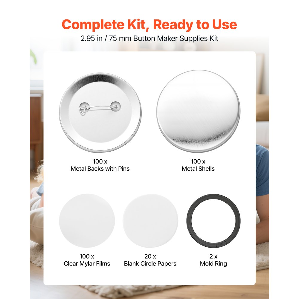 Η VEVOR Button Maker παρέχει 100 σετ εξαρτημάτων κουμπιών με καρφίτσα 2,95 ίντσες / 75 mm, με μεταλλικές πλάτες, μεταλλικά κελύφη, διαφανείς μεμβράνες Mylar και κενά κυκλικά χαρτιά, για οικιακές κατασκευές DIY, σχολικές εκδηλώσεις και προσαρμοσμένα στούντιο Η VEVOR Button Maker παρέχει 100 σετ εξαρτημάτων κουμπιών με καρφίτσα 2,95 ίντσες / 75 mm, με μεταλλικές πλάτες, μεταλλικά κελύφη, διαφανείς μεμβράνες Mylar και κενά κυκλικά χαρτιά, για οικιακές κατασκευές DIY, σχολικές εκδηλώσεις και προσαρμοσμένα στούντιο