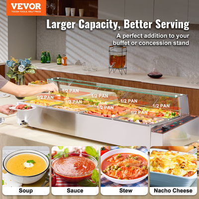 VEVOR Commercial Electric Food Warner Countertop Buffet 8*8Qt with Glass Shield