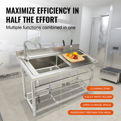 Βοηθητικός νεροχύτης από ανοξείδωτο χάλυβα VEVOR, Μικρός νεροχύτης 1 Διαμερίσματος, Ελεύθερος Όρθιος με Βρύση &amp; πόδια πάγκου εργασίας, 39,4 x 19,1 x 37,4 σε επαγγελματικούς νιπτήρες για γκαράζ, εστιατόριο, πλυντήριο ρούχων, πιστοποίηση NSF