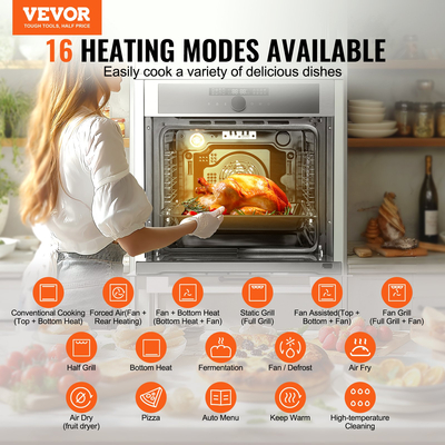 VEVOR Φούρνος μονού τοίχου 24&quot; Ηλεκτρικός εντοιχιζόμενος φούρνος 16 λειτουργιών 2,68 Cu. Ft
