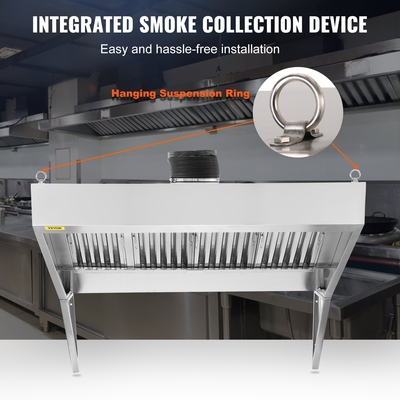VEVOR Commercial Exhaust Hood, 8FT Food Truck Hood Exhaust, 201 Stainless Steel Concession Hood με 4 αποσπώμενο πλέγμα φίλτρου λαδιού σχήματος U, κουκούλα εξαερισμού ανθεκτικό στη σκουριά για εστιατόριο κουζίνας