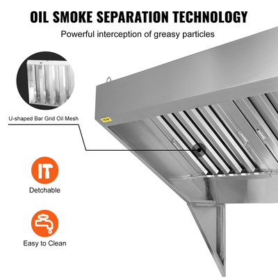 VEVOR Commercial Exhaust Hood, 9FT Food Truck Hood Exhaust, 201 Stainless Steel Concession Hood με 4 αποσπώμενο πλέγμα φίλτρου λαδιού σχήματος U, κουκούλα εξαερισμού ανθεκτικό στη σκουριά για εστιατόριο κουζίνας