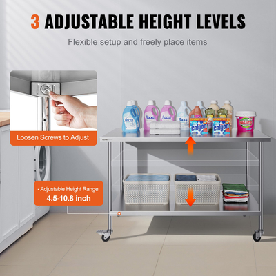 VEVOR Τραπέζι εργασίας από ανοξείδωτο ατσάλι Εμπορικό τραπέζι προετοιμασίας 30x60 ιντσών με 4 τροχούς