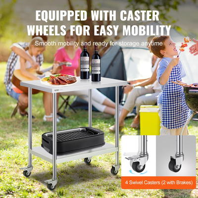 VEVOR Τραπέζι εργασίας από ανοξείδωτο ατσάλι Εμπορικό τραπέζι προετοιμασίας 24x36 ιντσών με 4 τροχούς