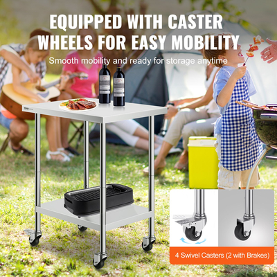VEVOR Τραπέζι εργασίας από ανοξείδωτο ατσάλι Εμπορικό τραπέζι προετοιμασίας 24x30 ιντσών με 4 τροχούς