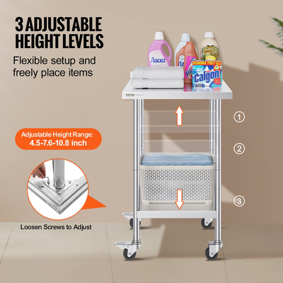 VEVOR Τραπέζι εργασίας από ανοξείδωτο ατσάλι Εμπορικό τραπέζι προετοιμασίας φαγητού 24&quot;x24&quot; με τροχούς