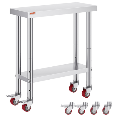 VEVOR Τραπέζι εργασίας Catering από ανοξείδωτο ατσάλι 30x12 ιντσών Επαγγελματικό τραπέζι κουζίνας με 4 ρόδες Commercial Food Prep Πάγκος εργασίας με ευέλικτο ράφι προσαρμογής για τραπέζι προετοιμασίας κουζίνας