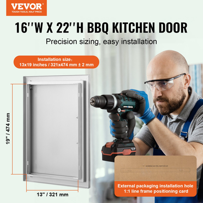 VEVOR BBQ Access Door, 407x559 mm Μονή Πόρτα Εξωτερικής Κουζίνας, Πόρτα από ανοξείδωτο ατσάλι Flush Mount, Επιτοίχια Κατακόρυφη Πόρτα με Λαβή, για BBQ Island, Ψητοπωλείο, Εξωτερικό ντουλάπι