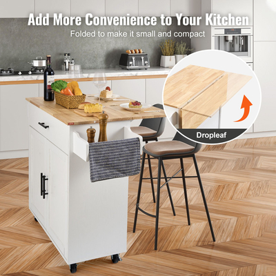 VEVOR Kitchen Island Cart με μασίφ ξύλινο επάνω μέρος, 35,4&quot; πλάτους κινητά καρότσια με ντουλάπι αποθήκευσης, κυλιόμενο τραπέζι κουζίνας με σχάρα μπαχαρικών, σχάρα για πετσέτες, φύλλο και συρτάρι, φορητά νησιά σε ρόδες, λευκό