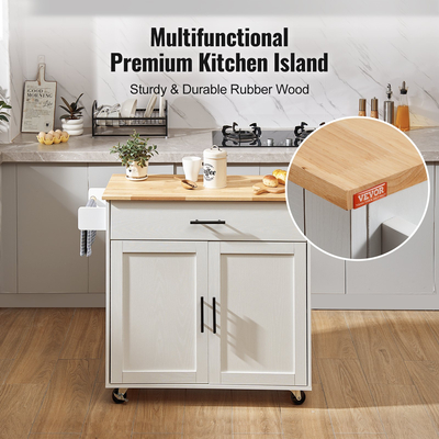 VEVOR Kitchen Island Cart με μασίφ ξύλινο επάνω μέρος, 35,4&quot; πλάτους κινητά καρότσια με ντουλάπι αποθήκευσης, κυλιόμενο τραπέζι κουζίνας με σχάρα μπαχαρικών, σχάρα για πετσέτες, φύλλο και συρτάρι, φορητά νησιά σε ρόδες, λευκό