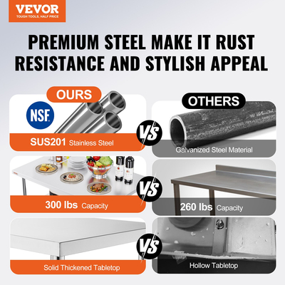 VEVOR Commercial τραπέζι εργασίας Σταθμός εργασίας 48x30 ιντσών Πτυσσόμενο Εμπορικό τραπέζι προετοιμασίας, διπλό ράφι από ανοξείδωτο ατσάλι πτυσσόμενο τραπέζι, τραπέζι εργασίας κουζίνας με φορτίο 772 λίβρες Silver Inox Steel Kitchen Island