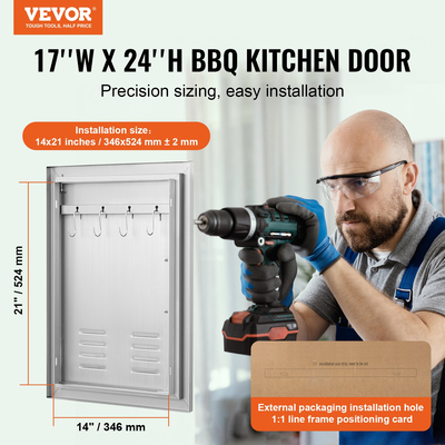 VEVOR BBQ Access Door, 610x431 mm Μονή εξωτερική πόρτα κουζίνας, ανοξείδωτη χωνευτή πόρτα, επιτοίχια κατακόρυφη πόρτα με λαβή, αεραγωγούς και γάντζο, για BBQ Island, Ψητοπωλείο, Εξωτερικό ντουλάπι