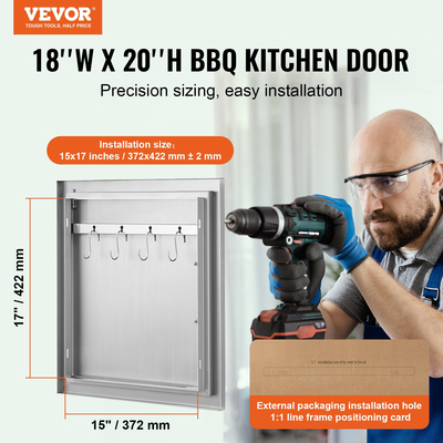 VEVOR BBQ Access Door, 457x508 mm Μονή εξωτερική πόρτα κουζίνας, ανοξείδωτη πόρτα χωνευτή, τοίχος κάθετη πόρτα με λαβή και γάντζο, για BBQ Island, Ψητοπωλείο, Εξωτερικό ντουλάπι