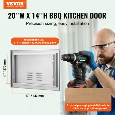 VEVOR BBQ Access Door, 508x356 mm Μονή εξωτερική πόρτα κουζίνας, από ανοξείδωτο ατσάλι, χωνευτή πόρτα, τοίχος κάθετη πόρτα με λαβή και αεραγωγούς, για BBQ Island, Ψητοπωλείο, Εξωτερικό ντουλάπι