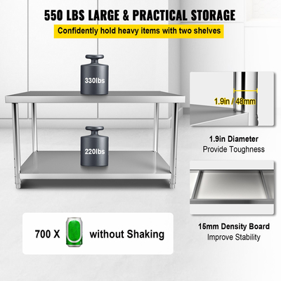 Τραπέζι προετοιμασίας VEVOR από ανοξείδωτο ατσάλι, 72 x 30 x 34 ιντσών, Μεταλλικό τραπέζι εργασίας βαρέως τύπου χωρητικότητας 550 lbs με ρυθμιζόμενο κάτω ράφι, επαγγελματική θέση εργασίας για κουζίνα εστιατορίου Γκαράζ πίσω αυλή