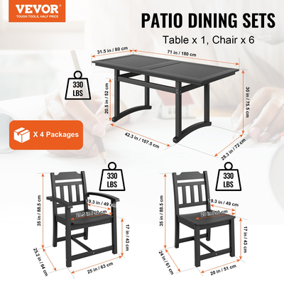 VEVOR 7 Pieces Σετ τραπεζαρίας Patio, Σετ τραπέζι και καρέκλες για έπιπλα εξωτερικού χώρου, ορθογώνιο σετ, τραπεζάκια επίπλων κήπου παντός καιρού, σετ συνομιλίας HIPS Patio, Για γκαζόν, κατάστρωμα, αυλή, δίπλα στην πισίνα, μαύρο