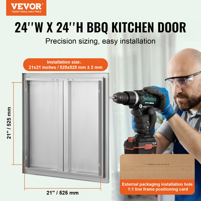VEVOR BBQ Access Door, 610x610 mm Διπλή Πόρτα Εξωτερικής Κουζίνας, Πόρτα από ανοξείδωτο ατσάλι Flush Mount, Επιτοίχια Κατακόρυφη Πόρτα με Χειρολαβές, για BBQ Island, Ψητοπωλείο, Εξωτερικό ντουλάπι