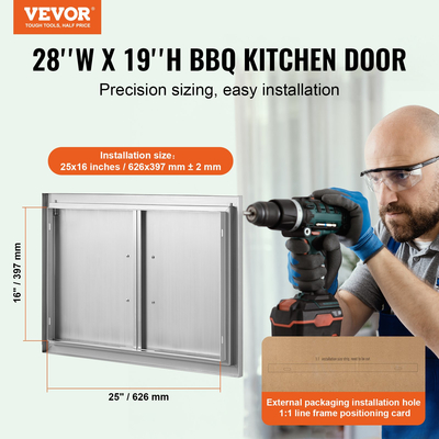 VEVOR BBQ Access Door, 711x482 mm Διπλή Πόρτα Εξωτερικής Κουζίνας, Πόρτα από ανοξείδωτο ατσάλι Flush Mount, Επιτοίχια Κατακόρυφη Πόρτα με χερούλια, για BBQ Island, Ψητοπωλείο, Εξωτερικό ντουλάπι